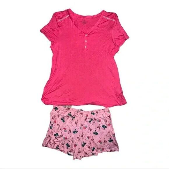 Cuddl Duds Pink Palm Tree V-Neck Boxer Shorts Pajama Set Small NWT - Picture 2 of 5